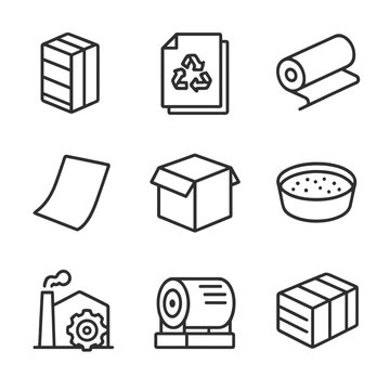Paper and Pulp Icons. Outline icon set of paper and pulp materials: wood pulp bale, recycled paper stack, kraft paper roll, tissue