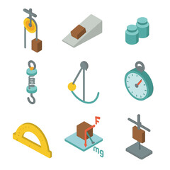 Physics Lab Tools. Isometric Flat icon set of Physics Demonstrations and Mechanics Labs: pulley system, inclined plane, weights,