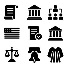 Fototapeta premium Constitutional Law Icons. Solid, filled icon set of constitutional law cases: constitution scroll, federal building, separation of