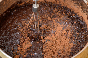 Mixing chocolate cream with cocoa close up