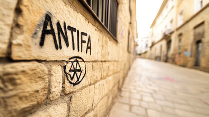 Fototapeta premium Fisheye view of black graffiti reading ANTIFA on an old beige wall with urban textures and iron-barred windows