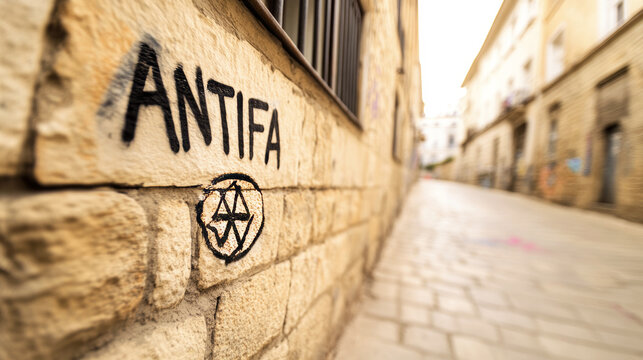 Fisheye view of black graffiti reading ANTIFA on an old beige wall with urban textures and iron-barred windows