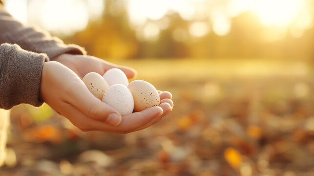 Capturing a moment of organic farming with free-range eggs held in hand amidst a soft countryside backdrop filled with warm hues