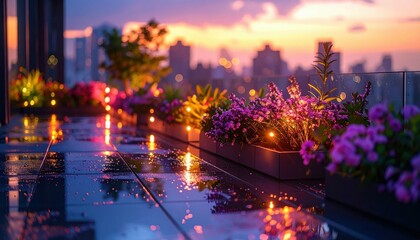 Obraz premium Serene Rooftop Garden at Dawn with Neon Lights and Reflective Puddles