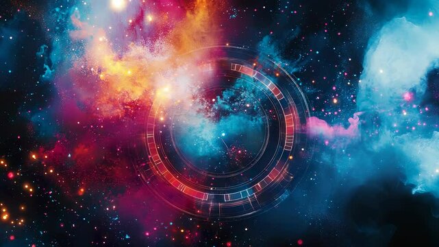 Mesmerizing cosmic nebula with vibrant colors and futuristic technology interface