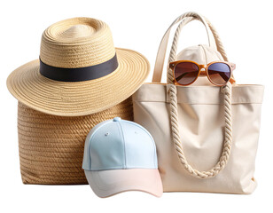  Casual summer beachwear accessories group with straw hat, cap, sunglasses, and tote bag, isolated on transparent background
