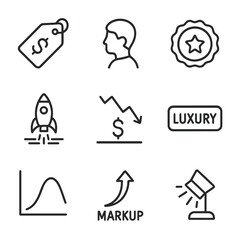Fototapeta premium Price Skimming Icons. Outline icon set of Price Skimming Strategy: high price tag, early adopter silhouette, premium badge,