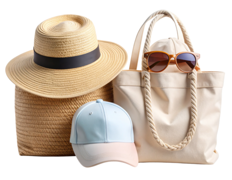  Casual summer beachwear accessories group with straw hat, cap, sunglasses, and tote bag, isolated on transparent background - Powered by Adobe