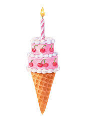  Watercolor vintage pink cone cake with cherries, birthday coquette dessert