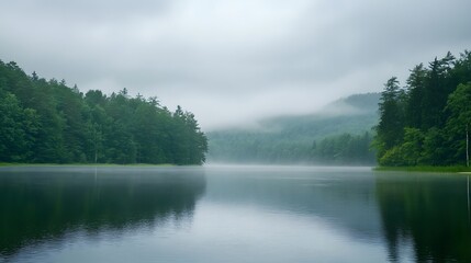 Fototapeta premium Misty morning over a tranquil lake surrounded by lush forest.