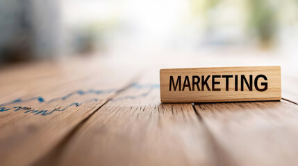 Wooden plank with marketing label placed on analytical business chart in minimalistic composition indicating strategic planning and brand growth