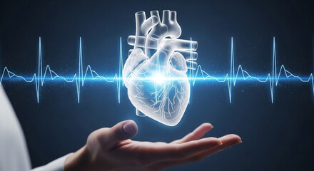 Hand holding a translucent heart with ekg line on a dark blue background in a digital illustration