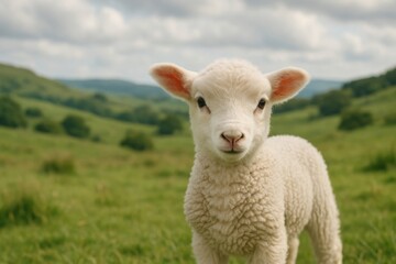 Obraz premium Adorable lamb in green meadow.