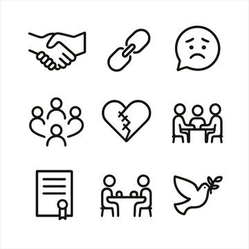 Restorative Justice Icons. Outline icon set of restorative justice practices: handshake across divide, broken chain mending,