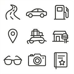 Road Trip Icons. Outline icon set of road trip: winding road, car silhouette, gas pump, map pin, luggage rack, roadside diner,
