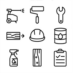 Dock Maintenance Icons. Outline icon set of dock maintenance: power washer, paint roller, wrench, replacement board, safety helmet