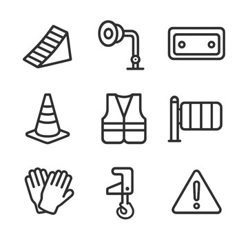 Loading Dock Safety Icons. Outline icon set of loading dock safety essentials: wheel chock, dock light, rubber bumper, safety cone