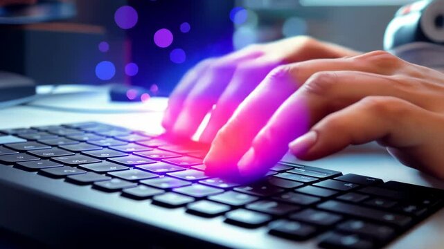 Abstract depiction of QA engineer typing on floating keyboard with digital elements, copyspace provided