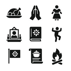 Cultural Tradition Icons. Solid, filled icon set of cultural traditions at home: holiday meal, prayer hands, traditional dress,