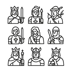 Medieval Hero Icons. Outline icon set of medieval chivalric heroes: King Arthur, Lancelot, Robin Hood, Joan of Arc, William