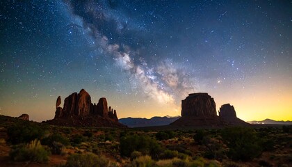 Obraz premium Breathtaking Milky Way sparkles above the stunning rock formations of Monument Valley at night in a natural landscape.