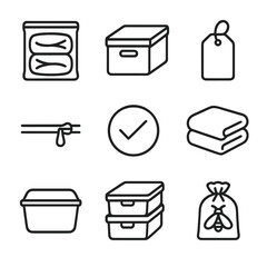 Seasonal Bedding Storage Icons. Outline icon set of seasonal bedding storage solutions: vacuum-seal bag, storage box, label tag,