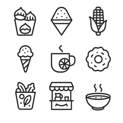Seasonal Street Food Icons. Outline icon set of seasonal street foods: roasted chestnuts, snow cone, grilled corn, ice cream cone,
