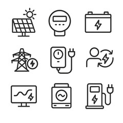 Obraz na płótnie Canvas Smart Energy Icons. Outline icon set of smart energy management: solar panel, smart meter, energy storage battery, smart grid,