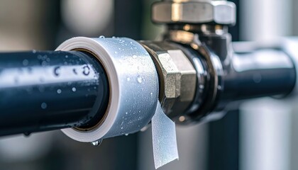 Close-Up of Water Pipe Joint with Sealing Tape Showcasing Moisture Detail
