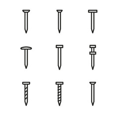 Nail Icon Grid. Outline icon set of nail types: common nail, finishing nail, brad nail, roofing nail, masonry nail, duplex nail,