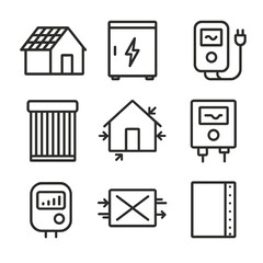 Net-Zero Home Icons. Outline icon set of net-zero energy home elements: photovoltaic roof, battery storage cabinet, electric