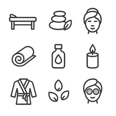 Fototapeta premium Spa Icon Set. Outline icon set of spa and wellness: massage table, hot stone, spa headband, towel roll, essential oil bottle,