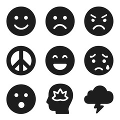 Fototapeta premium Emotional Icons Grid. Solid, filled icon set of emotional contrast: happy face, sad face, anger icon, peace symbol, laughter icon,