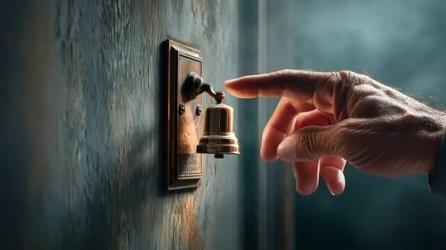 Hand Reaching to Press Antique Brass Doorbell, Close-Up Detail of Vintage Hardware and Textured Wall, Selective Focus.