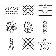Fototapeta premium Ocean Icon Patterns. Outline icon set of ocean-inspired textiles and patterns: wave motif, fish scale, anchor stripe, coral