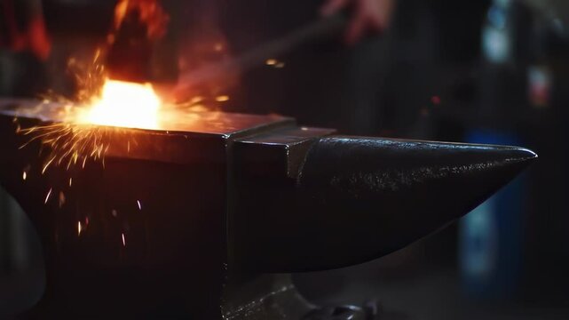 Blacksmith forging hot metal with hammer on anvil creating bright sparks