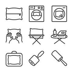 Pillow Care Icons. Outline icon set of pillow care and maintenance: pillow protector, washing machine, tumble dryer, stain remover