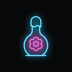 Glowing neon sign representing a bottle with a flower, perfect for a perfume or essential oil shop