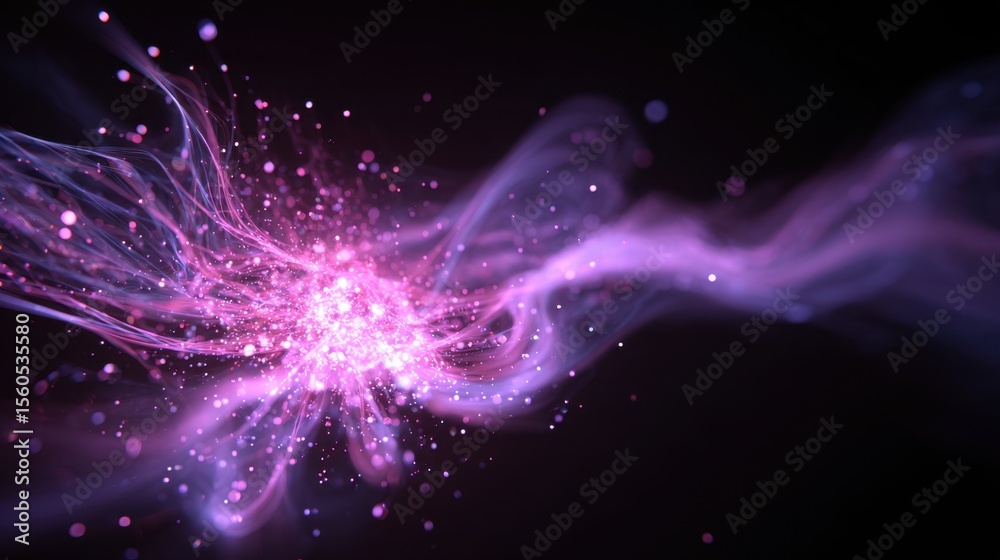 Poster abstract pink and purple light trails flow across a dark background creating a magical, glowing effe