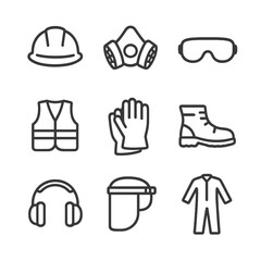 PPE Icon Set. Outline icon set of general personal protective equipment: safety helmet, respirator mask, safety goggles,
