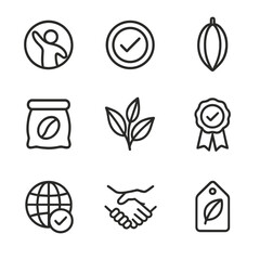 Fair Trade Icons. Outline icon set of Fair Trade Certification: fair trade logo, certification stamp, cacao pod, coffee bean sack,