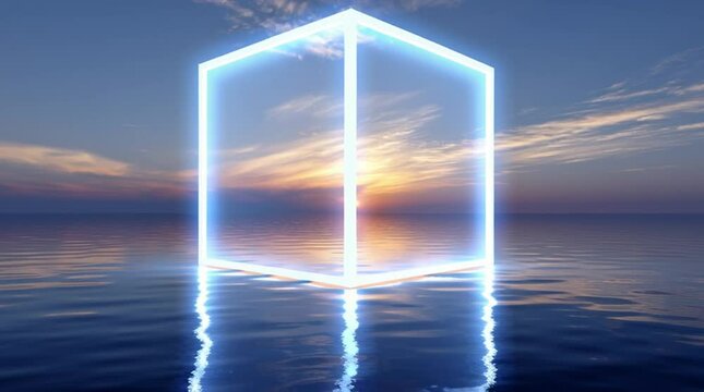 Abstract tech background of an elegant, glowing blue digital cube frame rotating over a calm, reflective water surface.


