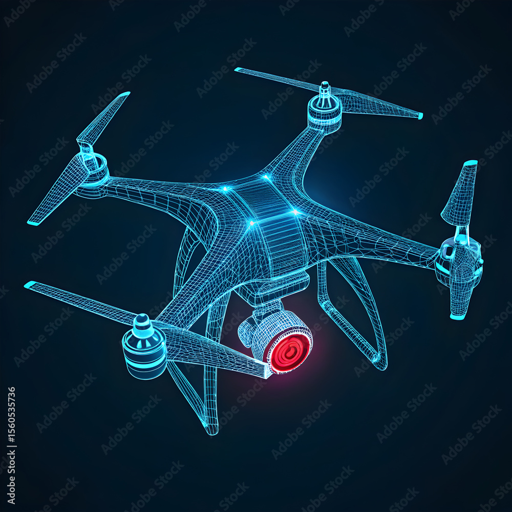 Fototapete minimalist sci-fi wireframe of a tech drone, blue neon outlines highlighting sleek contours and futu
