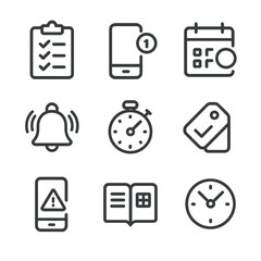 Productivity Icon Set. Outline icon set of productivity notifications: checklist clipboard, push notification badge, calendar