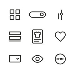 Fototapeta premium Product Interface Icons. Outline icon set of product browsing interface: product grid, search bar, filter slider, category tabs,