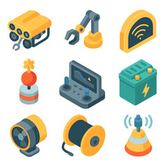 Underwater Robotics Icons. Isometric Flat icon set of underwater cleanup robotics: underwater drone, robotic gripper arm, sonar