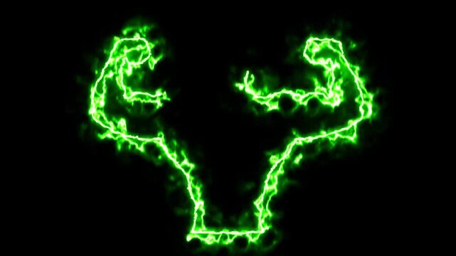 Strong person symbol with green energy effect on plain black background