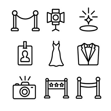 Red Carpet Icon Set. Outline icon set of red carpet arrival: stanchion post, velvet rope, spotlight, camera flash, VIP lanyard,