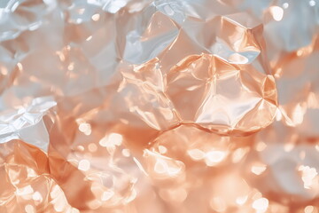 Crumpled metallic foil reflecting light in shades of silver and rose at close range
