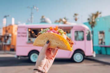 Close-up of a hand holding a colorful taco in front of a pastel-painted food truck